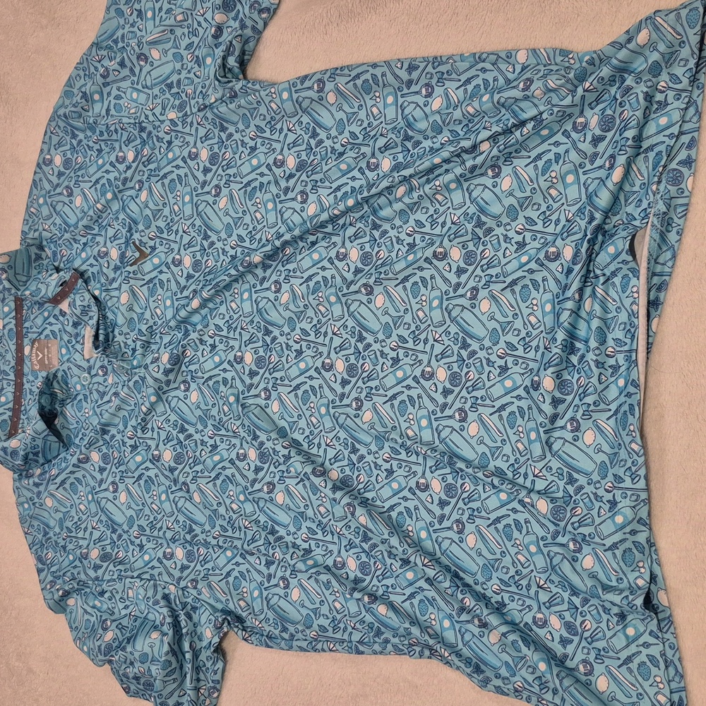 Callaway Teal Limpet Shell All Over Drinks Print Short Sleeve Golf Polo Size XL